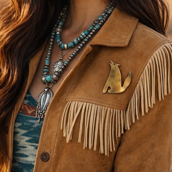 Handwrought New Mexico Jewelry - Vtg Robert Ayre Wolf Howling Pin Brooch Handwrought New Mexico Solid Brass